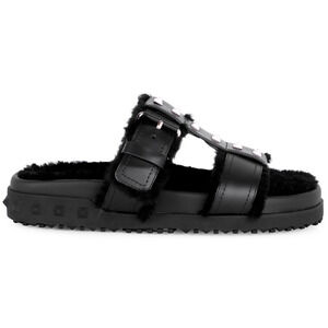 Valentino Rockstud Black Shearling Fur Caged Mule Slip On Slides Sandal Flat 39